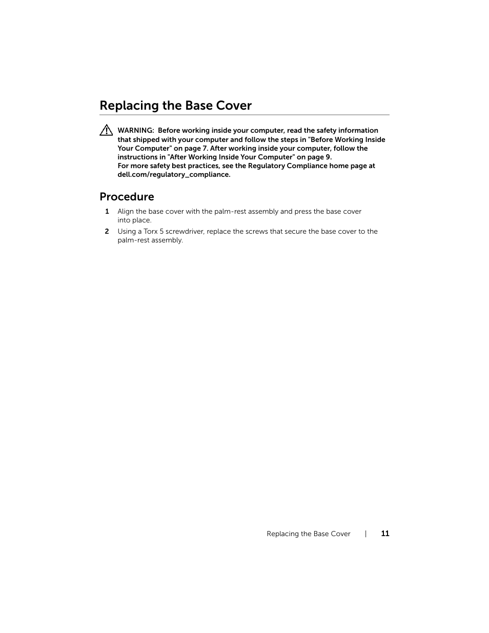Replacing the base cover, Procedure | Dell XPS 13 (9333, Late 2013) User Manual | Page 11 / 58