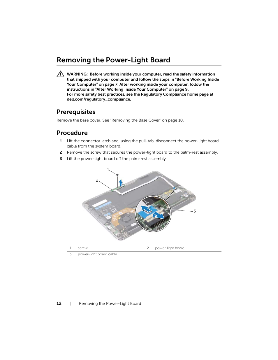 Removing the power-light board, Prerequisites, Procedure | Dell XPS 13 (9333, Late 2013) User Manual | Page 12 / 58