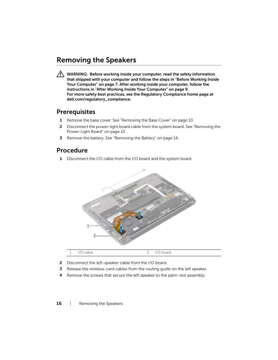 Removing the speakers, Prerequisites, Procedure | Dell XPS 13 (9333, Late 2013) User Manual | Page 16 / 58