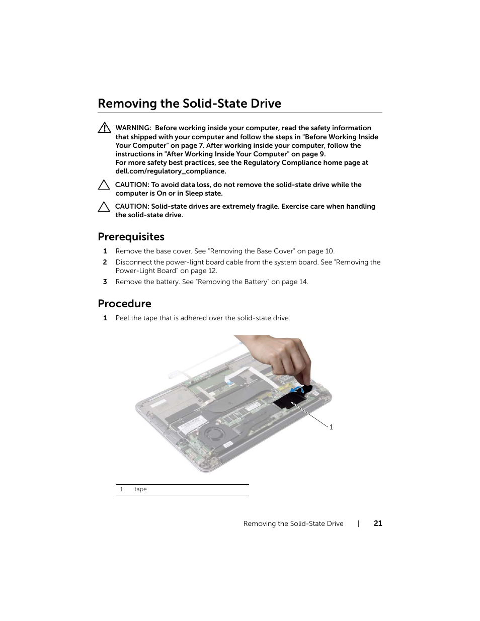 Removing the solid-state drive, Prerequisites, Procedure | Dell XPS 13 (9333, Late 2013) User Manual | Page 21 / 58