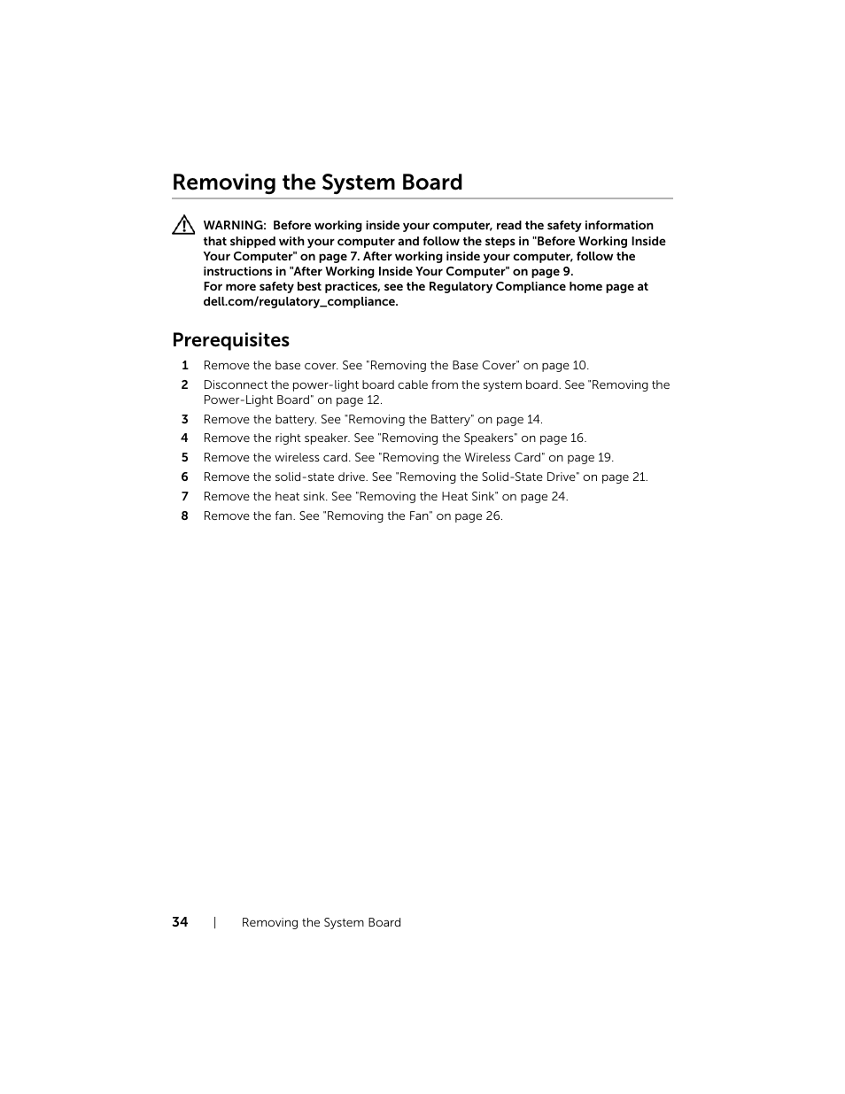 Removing the system board, Prerequisites | Dell XPS 13 (9333, Late 2013) User Manual | Page 34 / 58