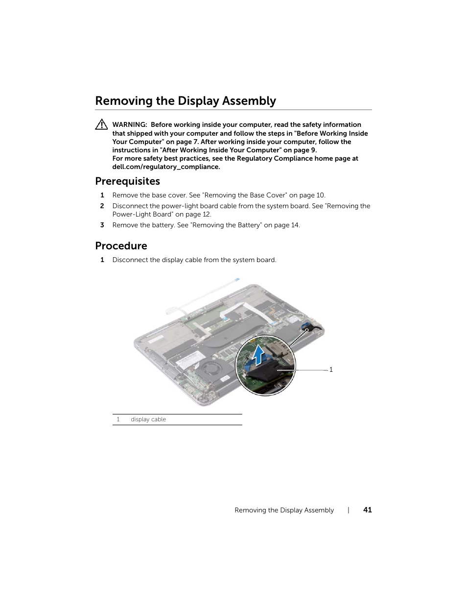 Removing the display assembly, Prerequisites, Procedure | Dell XPS 13 (9333, Late 2013) User Manual | Page 41 / 58