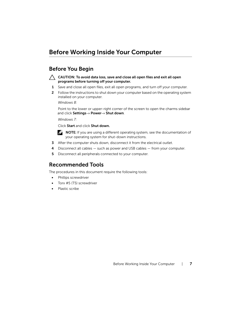 Before working inside your computer, Before you begin, Recommended tools | Dell XPS 13 (9333, Late 2013) User Manual | Page 7 / 58