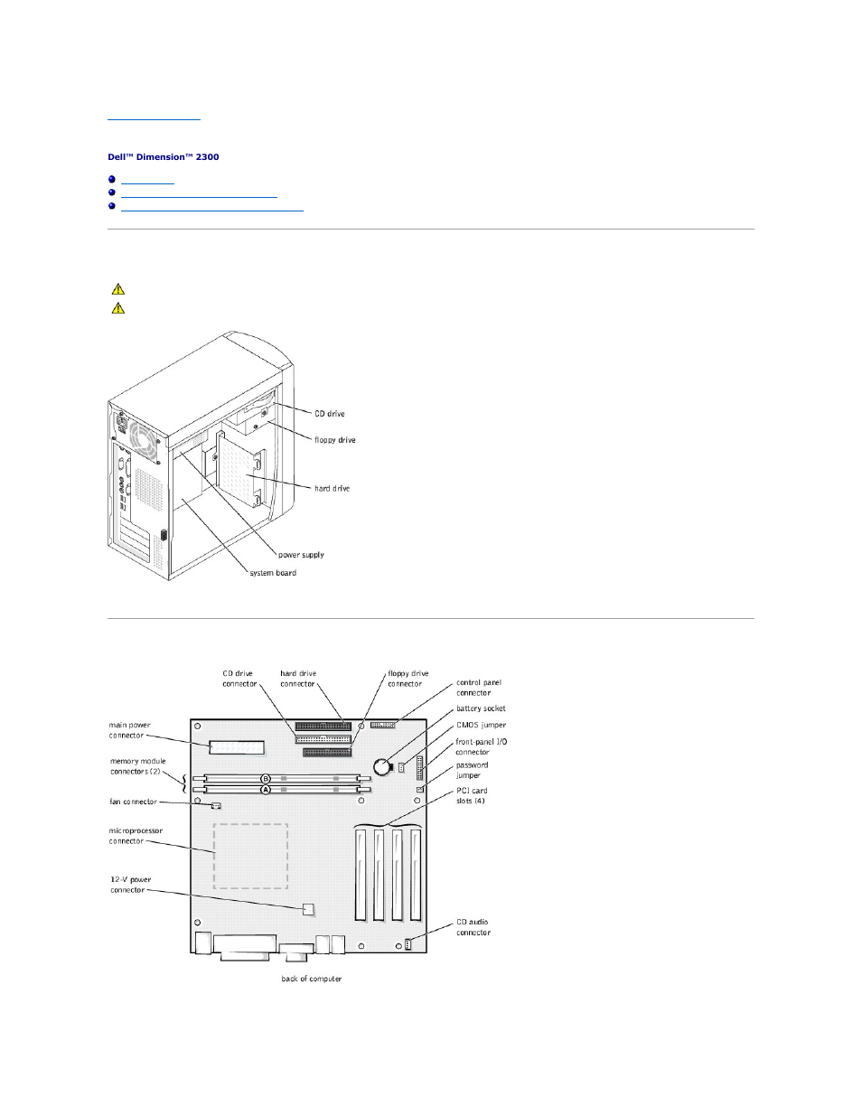 Technical overview, Internal view, System board connectors and sockets | Dell Dimension 2300 User Manual | Page 46 / 51