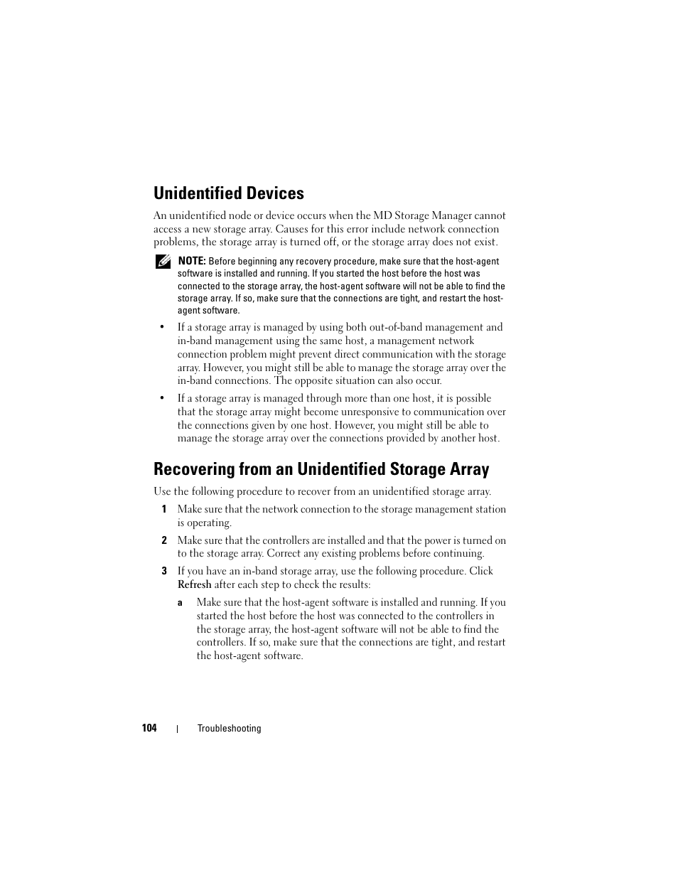 Unidentified devices, Recovering from an unidentified storage array | Dell PowerVault MD3000i User Manual | Page 104 / 114