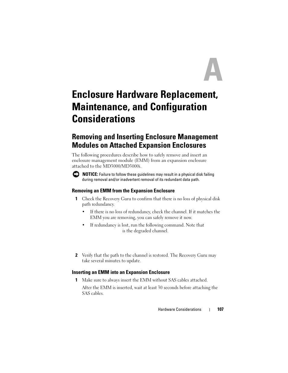 Removing an emm from the expansion enclosure, Inserting an emm into an expansion enclosure, Enclosure hardware replacement | Maintenance, and configuration considerations | Dell PowerVault MD3000i User Manual | Page 107 / 114