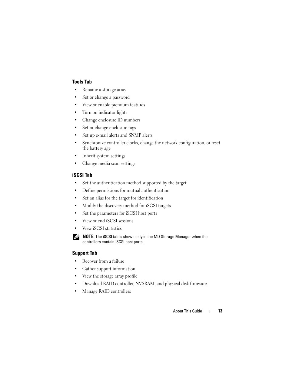 Tools tab, Iscsi tab, Support tab | Dell PowerVault MD3000i User Manual | Page 13 / 114