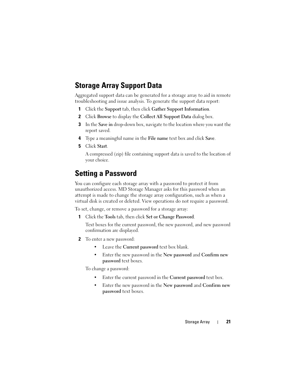 Storage array support data, Setting a password | Dell PowerVault MD3000i User Manual | Page 21 / 114