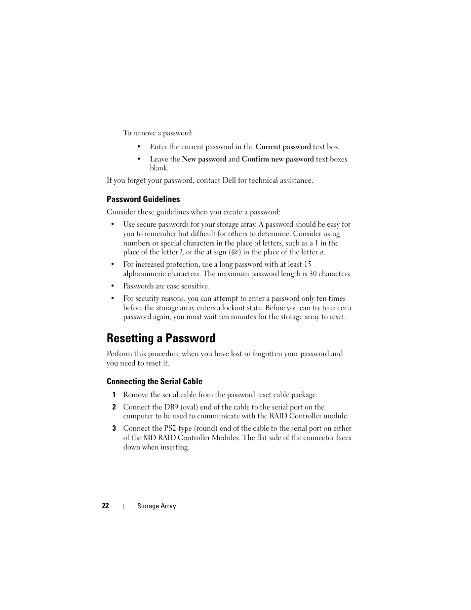 Password guidelines, Resetting a password, Connecting the serial cable | Dell PowerVault MD3000i User Manual | Page 22 / 114