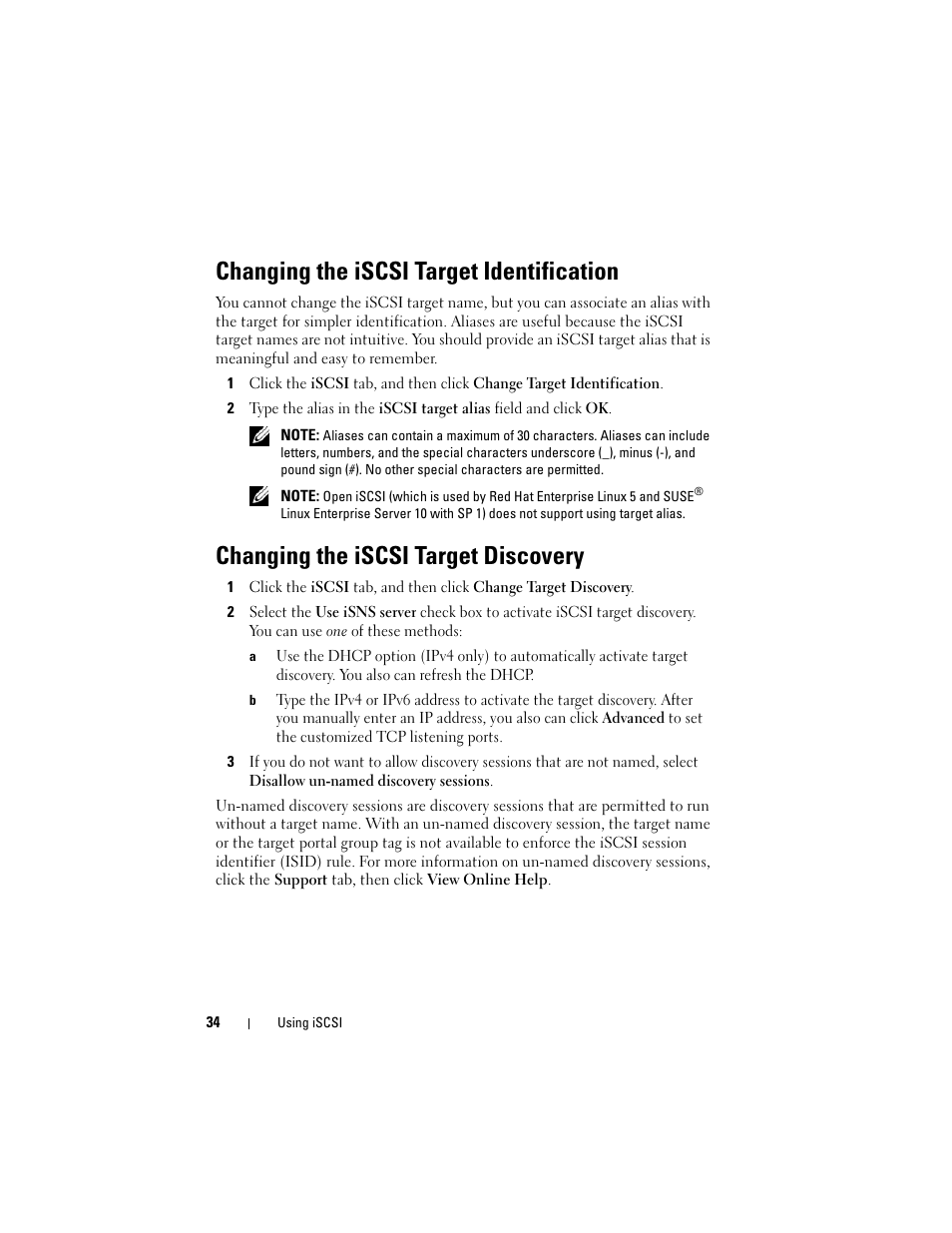 Changing the iscsi target identification, Changing the iscsi target discovery | Dell PowerVault MD3000i User Manual | Page 34 / 114