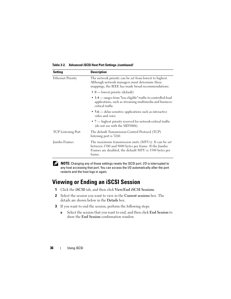 Viewing or ending an iscsi session | Dell PowerVault MD3000i User Manual | Page 36 / 114
