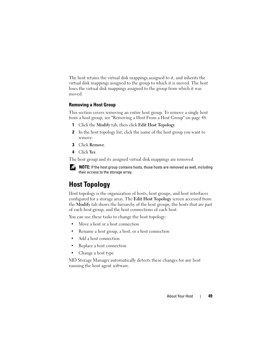 Removing a host group, Host topology | Dell PowerVault MD3000i User Manual | Page 49 / 114