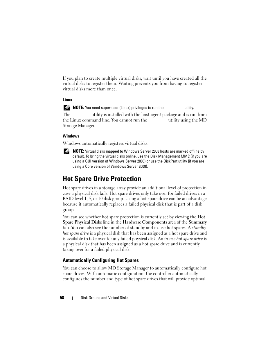 Hot spare drive protection, Automatically configuring hot spares | Dell PowerVault MD3000i User Manual | Page 58 / 114