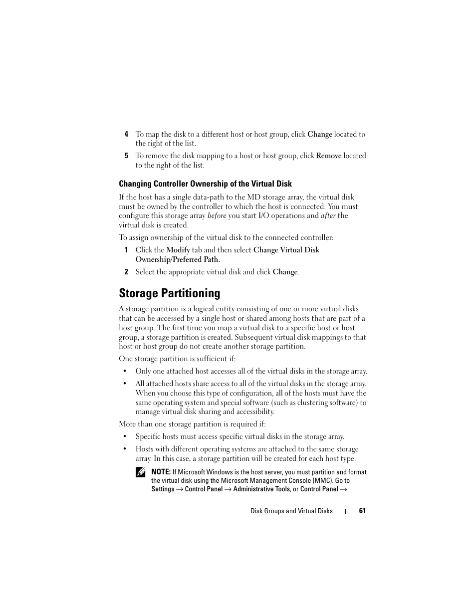 Changing controller ownership of the virtual disk, Storage partitioning | Dell PowerVault MD3000i User Manual | Page 61 / 114