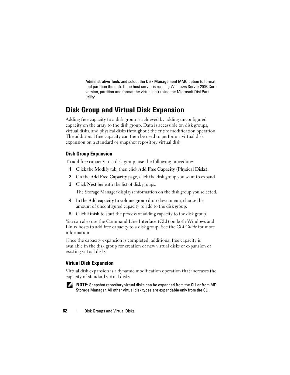 Disk group and virtual disk expansion, Disk group expansion, Virtual disk expansion | Dell PowerVault MD3000i User Manual | Page 62 / 114