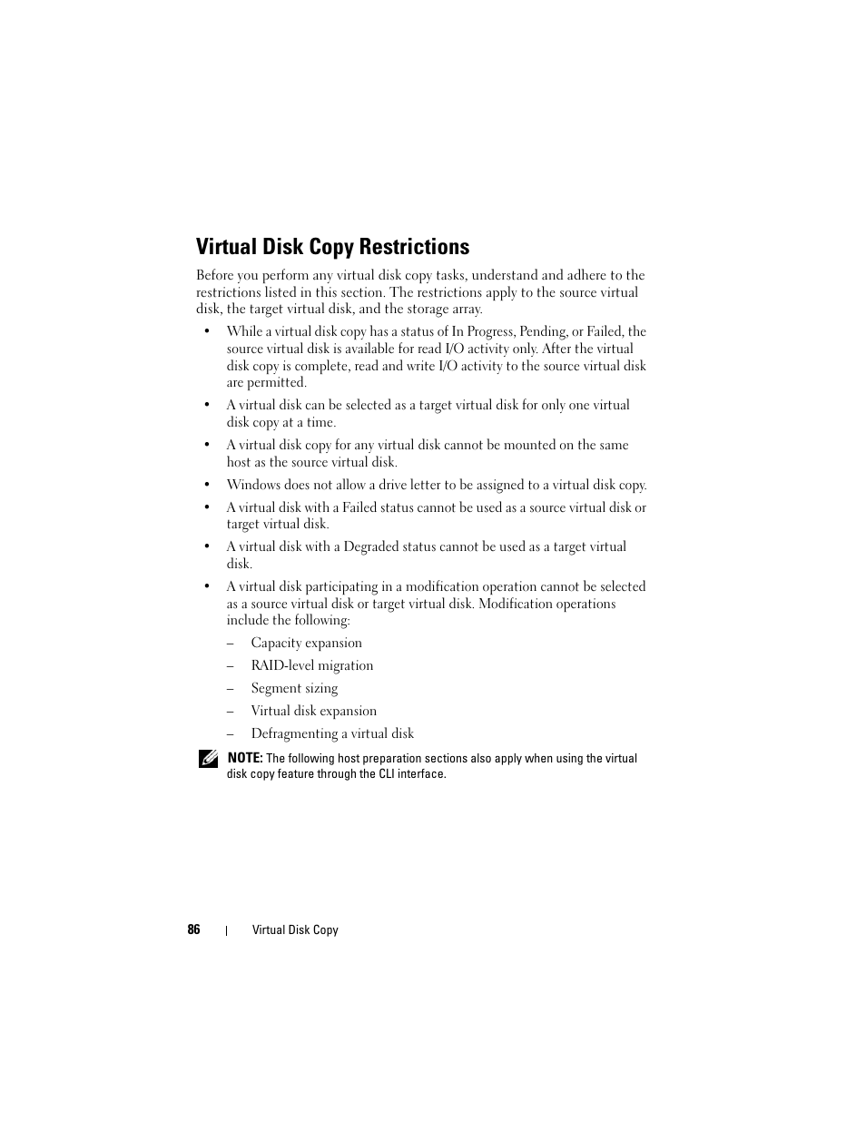 Virtual disk copy restrictions | Dell PowerVault MD3000i User Manual | Page 86 / 114