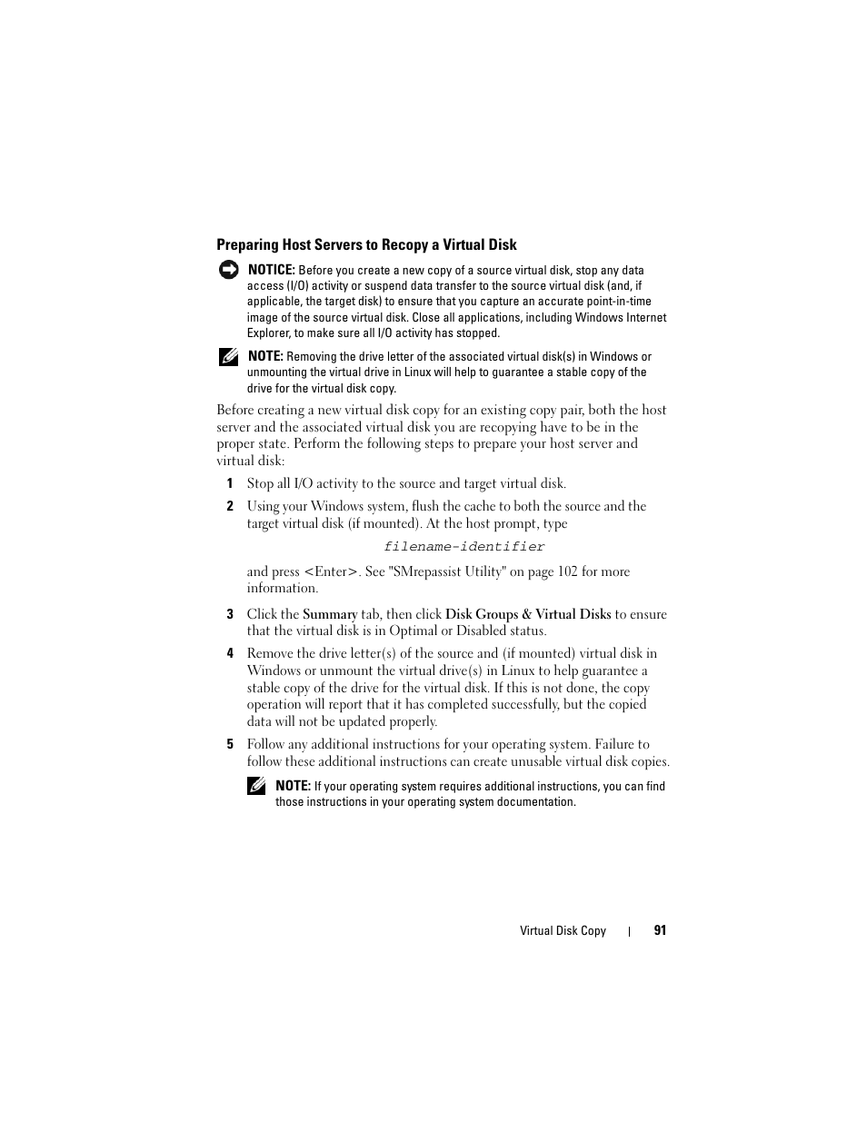 Preparing host servers to recopy a virtual disk | Dell PowerVault MD3000i User Manual | Page 91 / 114