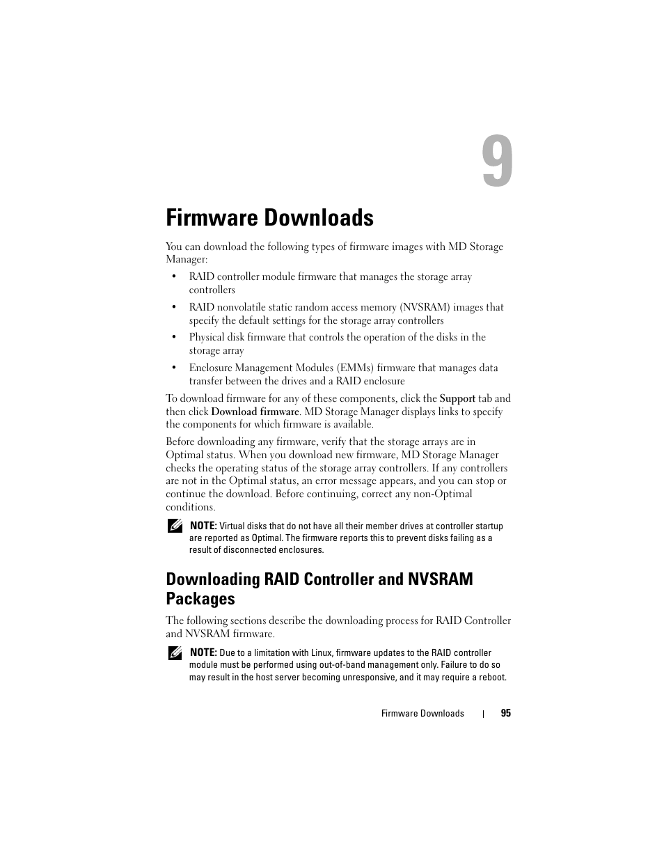 Firmware downloads, Downloading raid controller and nvsram packages | Dell PowerVault MD3000i User Manual | Page 95 / 114