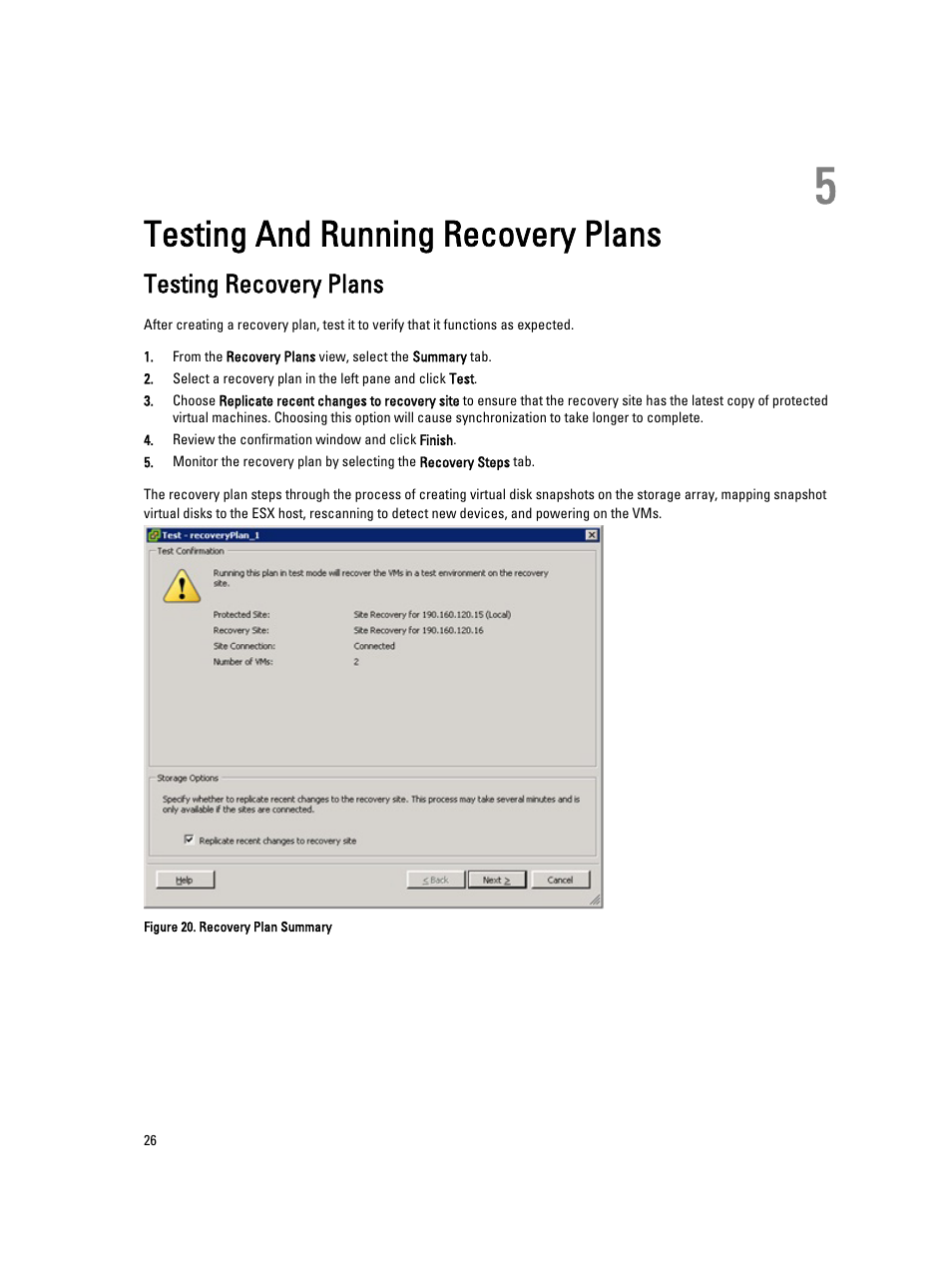 Testing and running recovery plans, Testing recovery plans, 5 testing and running recovery plans | Dell PowerVault MD3860i User Manual | Page 26 / 33