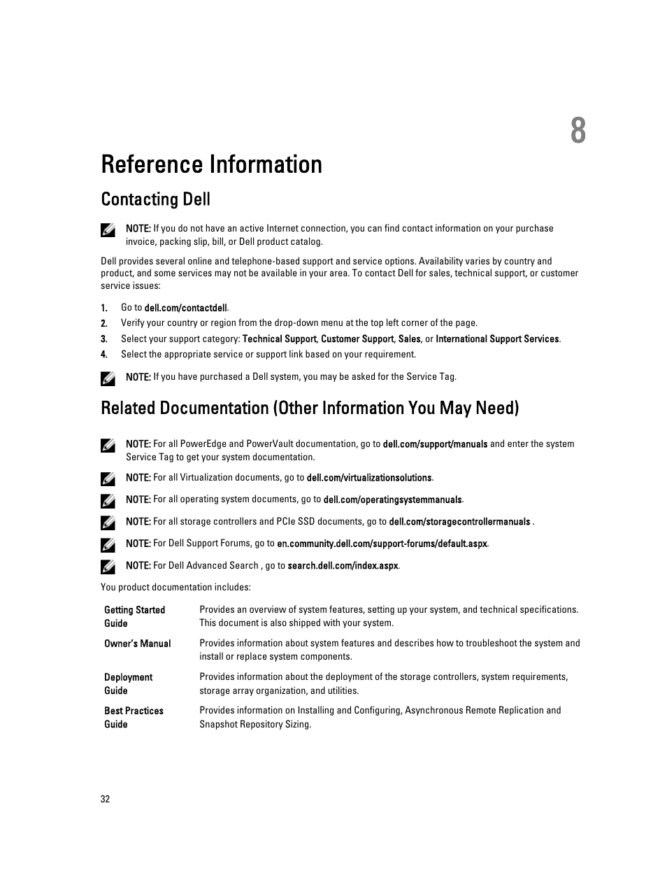Reference information, Contacting dell, 8 reference information | Dell PowerVault MD3860i User Manual | Page 32 / 33