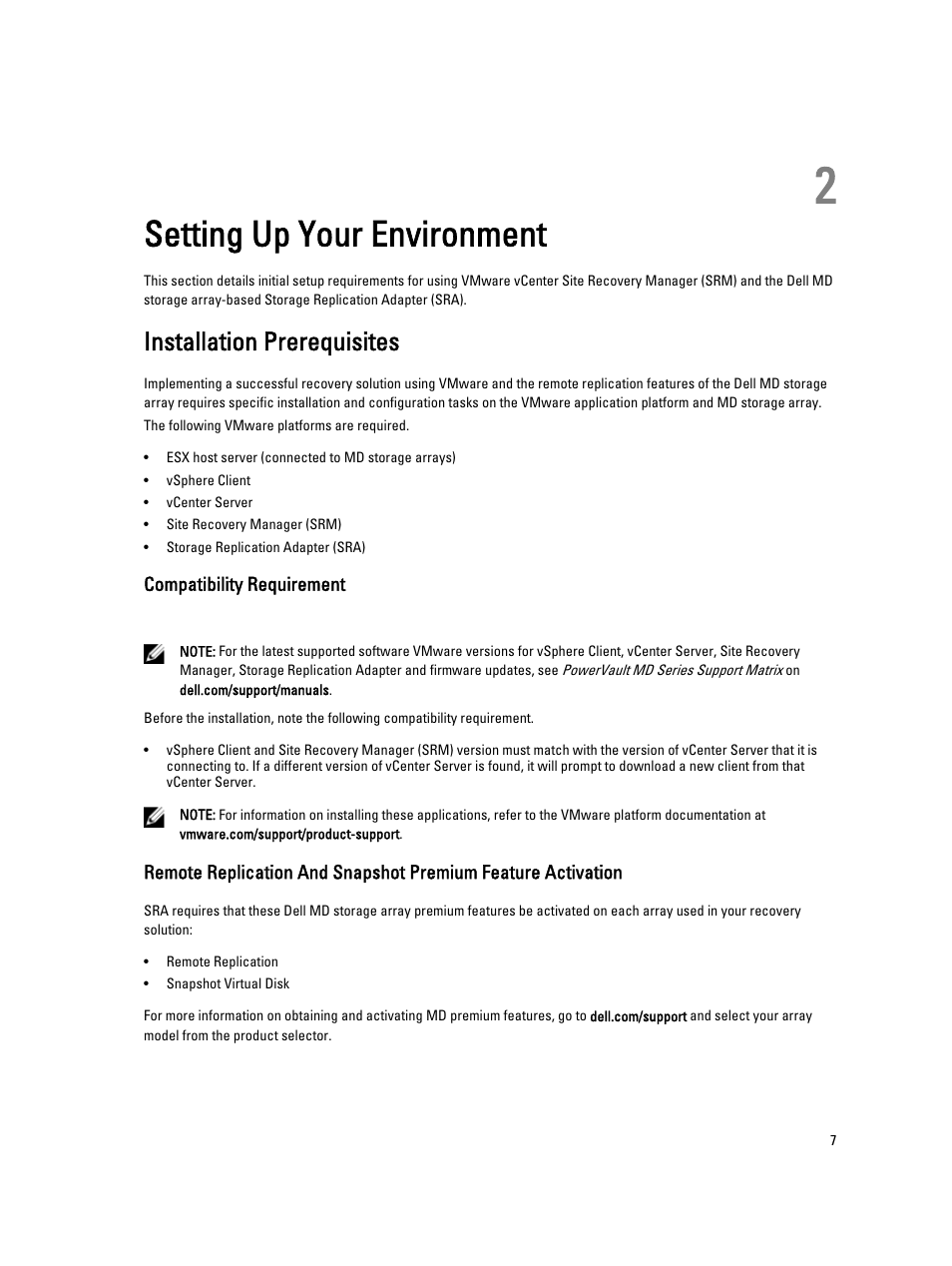 Setting up your environment, Installation prerequisites, Compatibility requirement | 2 setting up your environment | Dell PowerVault MD3860i User Manual | Page 7 / 33