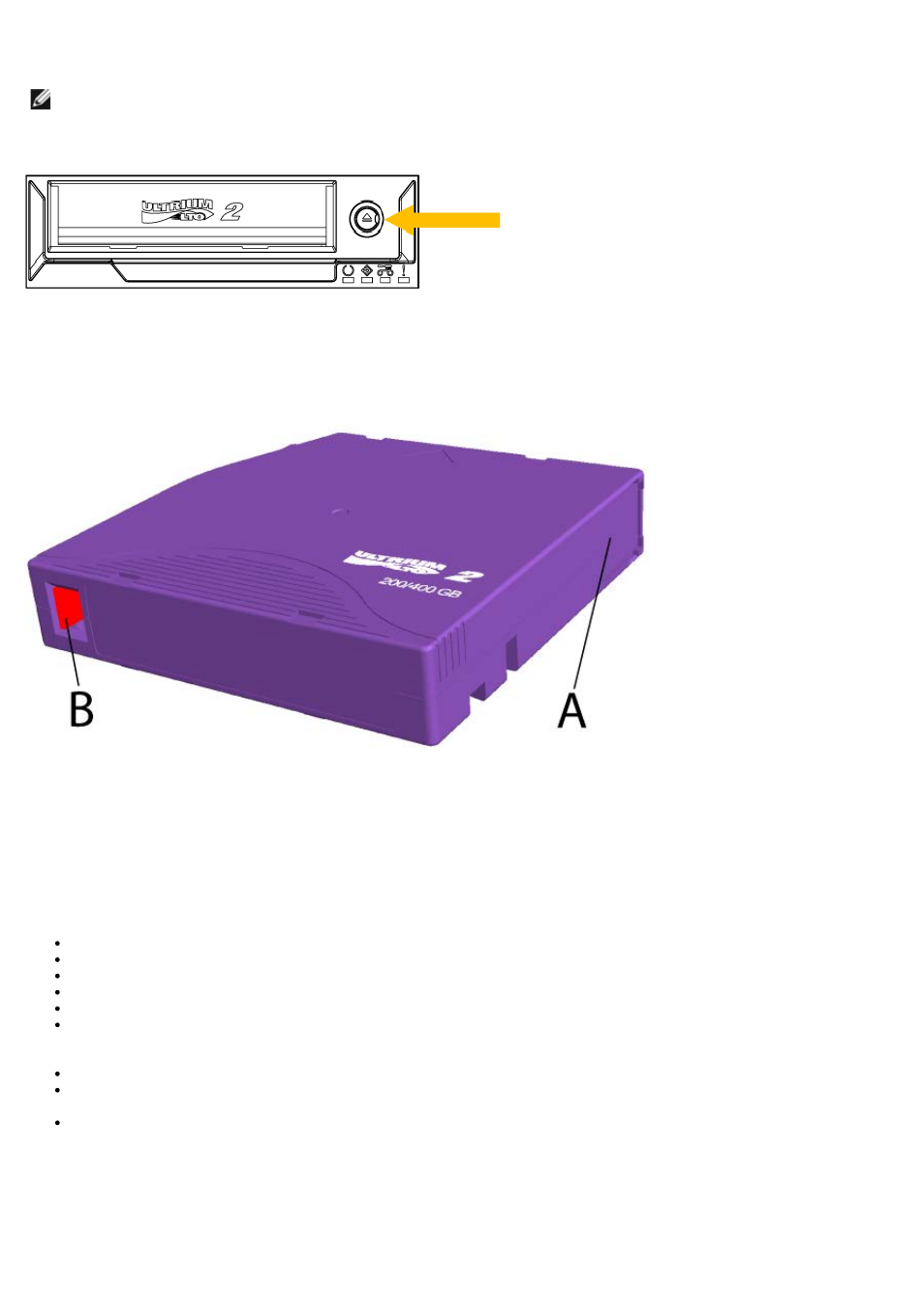 Handling and storing lto cartridges, Cleaning the tape drive, Write protecting the cartridge | Dell PowerVault LTO3-060 User Manual | Page 40 / 42