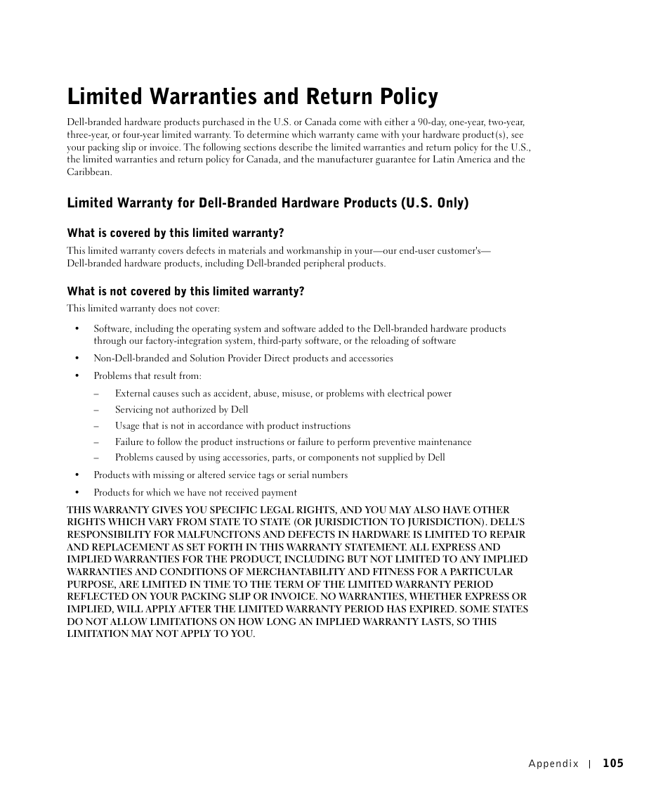 Limited warranties and return policy | Dell Workgroup Laser Printer S2500/S2500n User Manual | Page 105 / 124