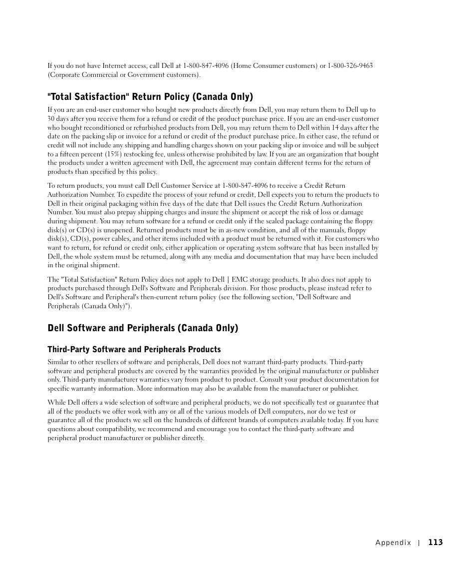Total satisfaction" return policy (canada only), Dell software and peripherals (canada only) | Dell Workgroup Laser Printer S2500/S2500n User Manual | Page 113 / 124