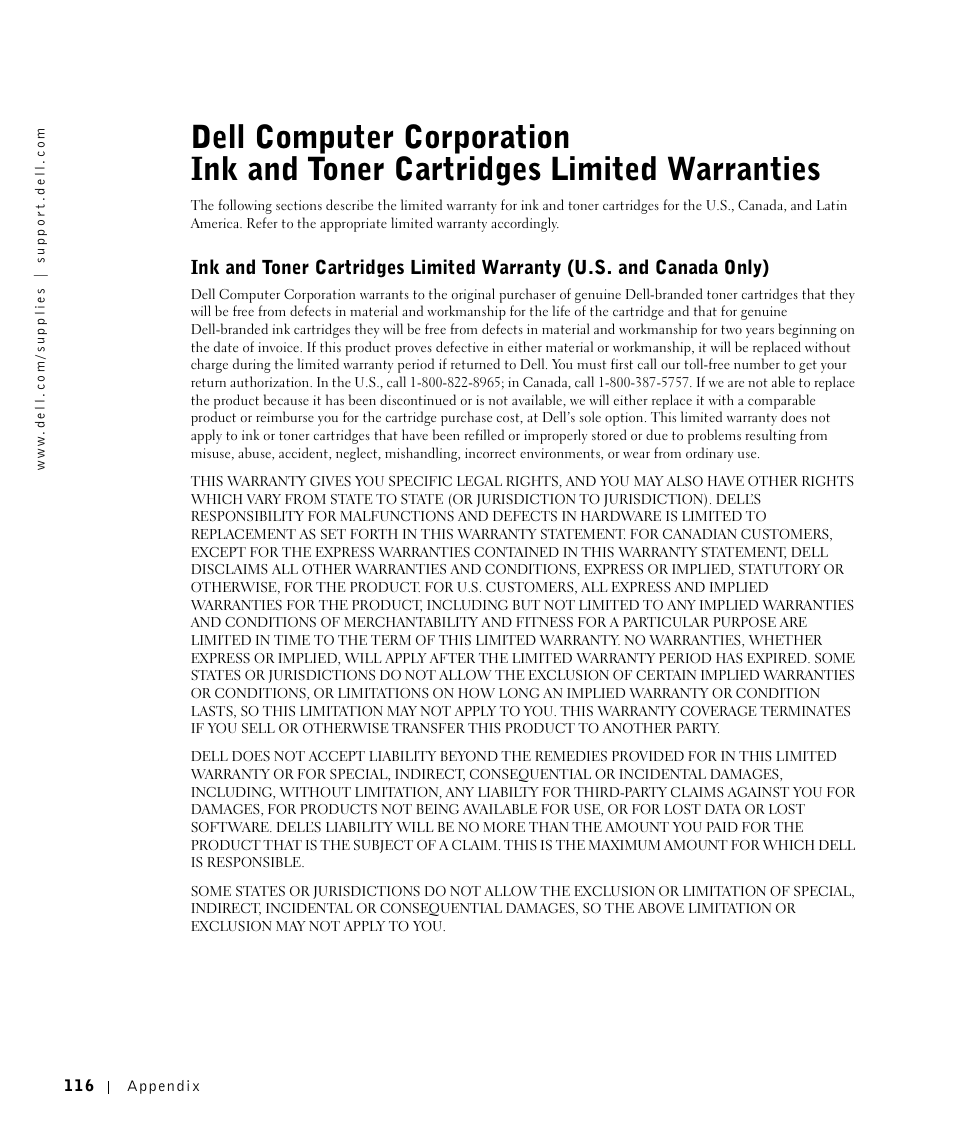 Dell computer corporation ink and toner cartridges, Limited warranties | Dell Workgroup Laser Printer S2500/S2500n User Manual | Page 116 / 124