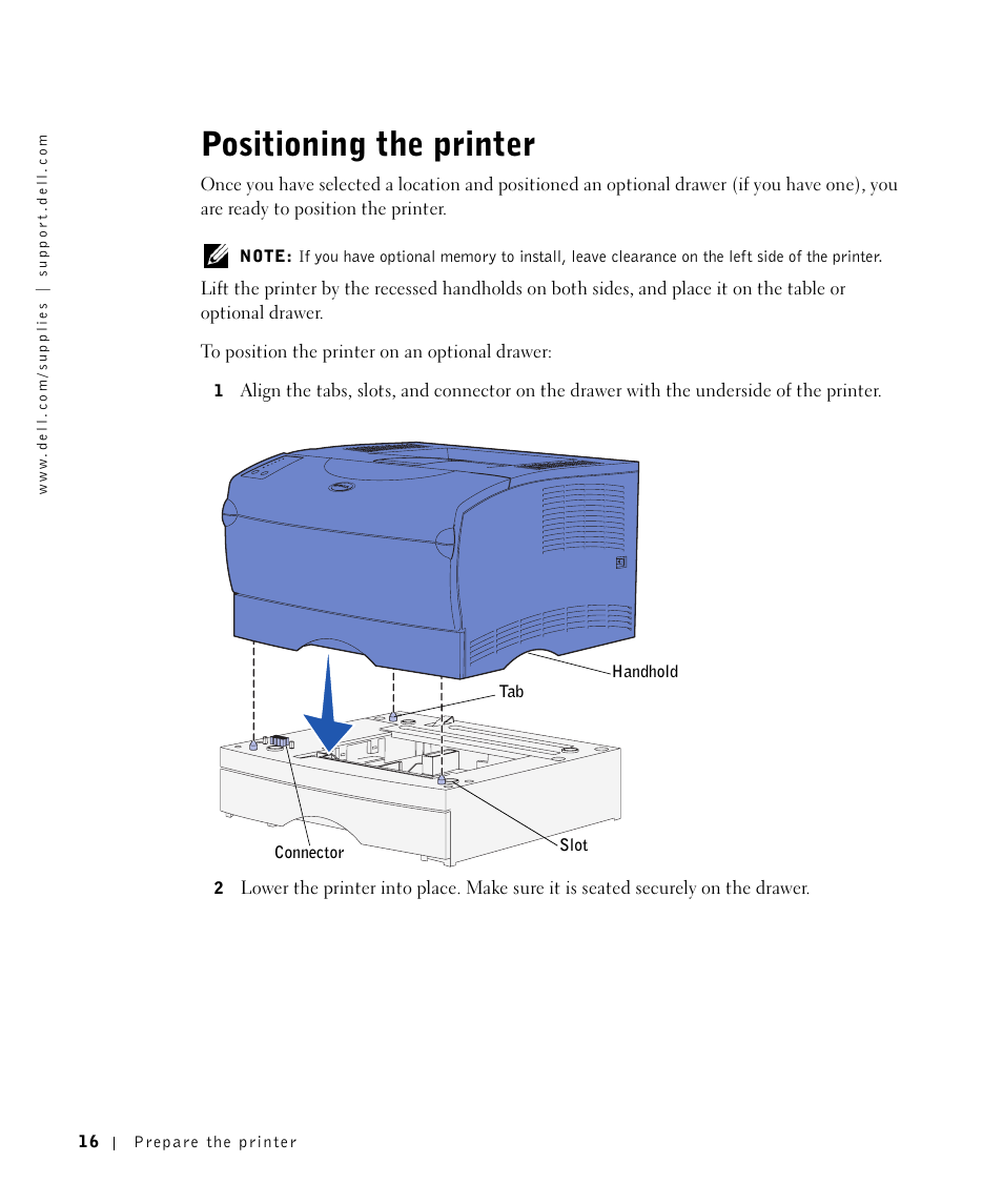 Positioning the printer | Dell Workgroup Laser Printer S2500/S2500n User Manual | Page 16 / 124