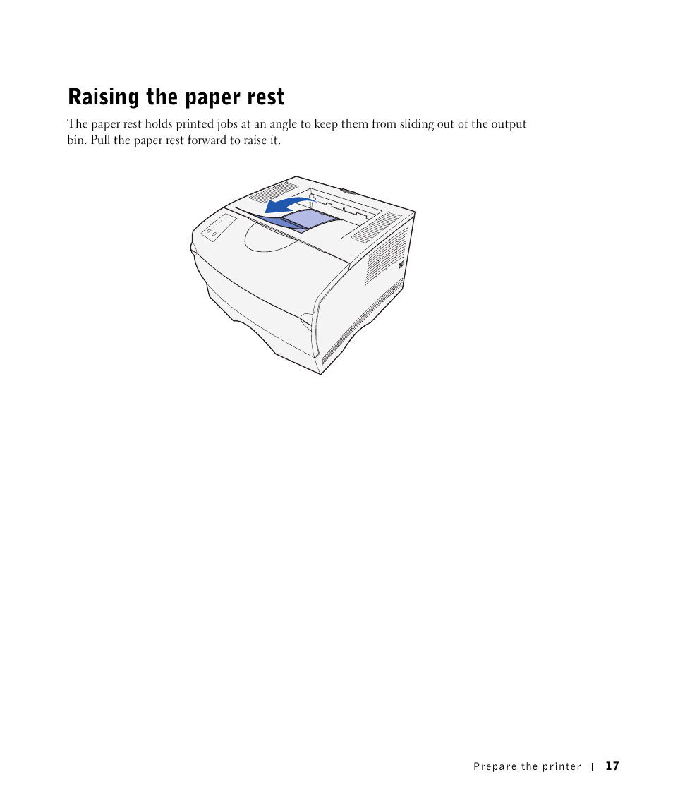 Raising the paper rest | Dell Workgroup Laser Printer S2500/S2500n User Manual | Page 17 / 124