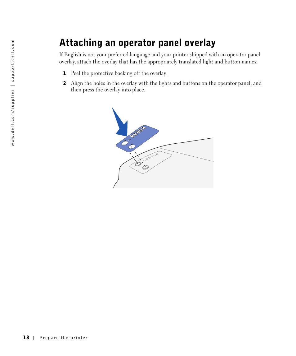 Attaching an operator panel overlay | Dell Workgroup Laser Printer S2500/S2500n User Manual | Page 18 / 124