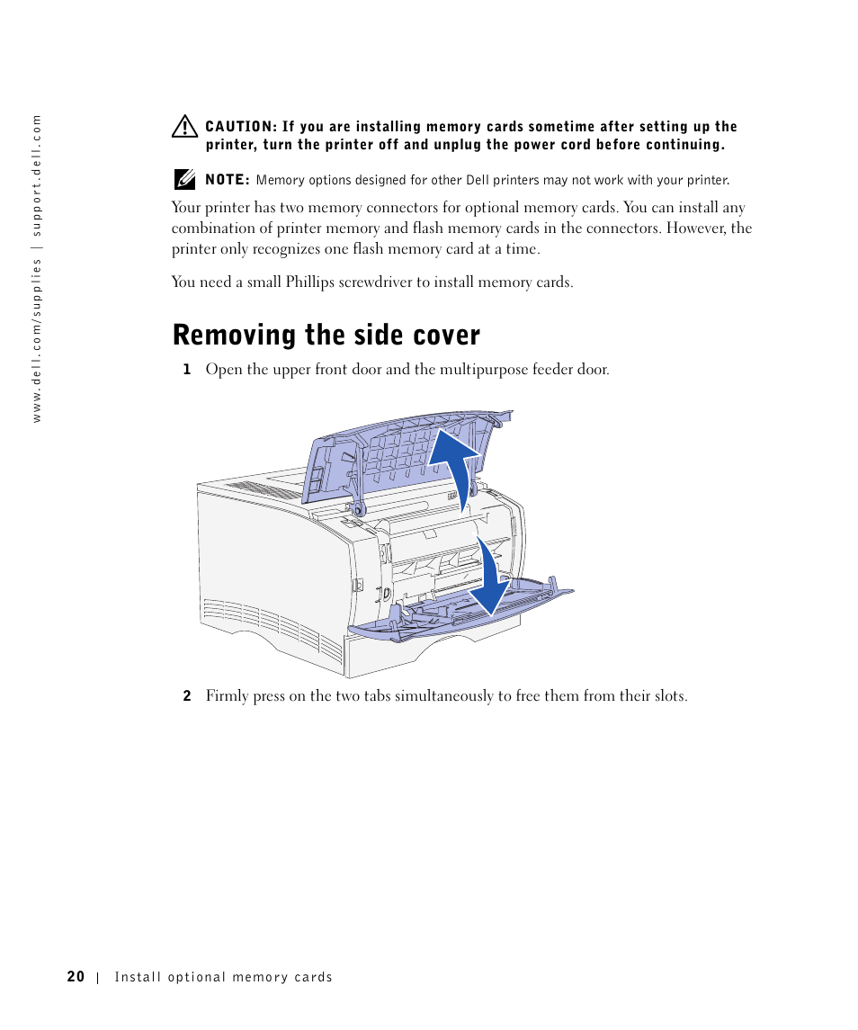 Removing the sidecover, Removing the side cover | Dell Workgroup Laser Printer S2500/S2500n User Manual | Page 20 / 124