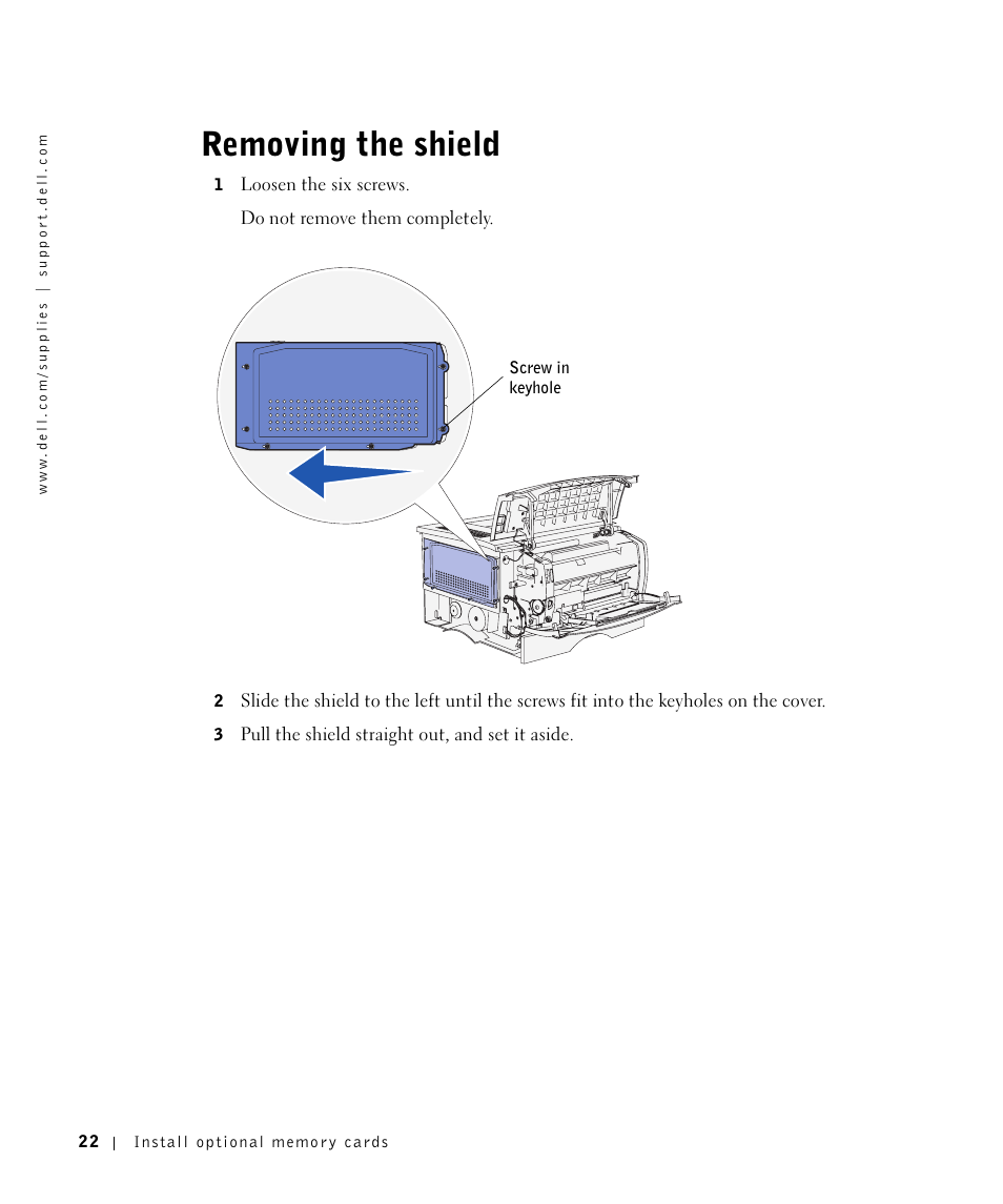 Removing the shield | Dell Workgroup Laser Printer S2500/S2500n User Manual | Page 22 / 124