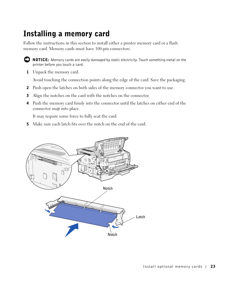 Installing a memorycard, Installing a memory card | Dell Workgroup Laser Printer S2500/S2500n User Manual | Page 23 / 124