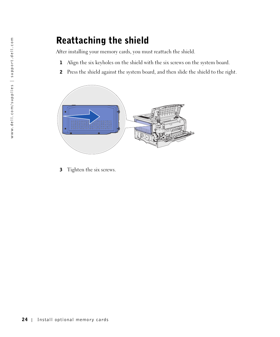 Reattaching the shield | Dell Workgroup Laser Printer S2500/S2500n User Manual | Page 24 / 124