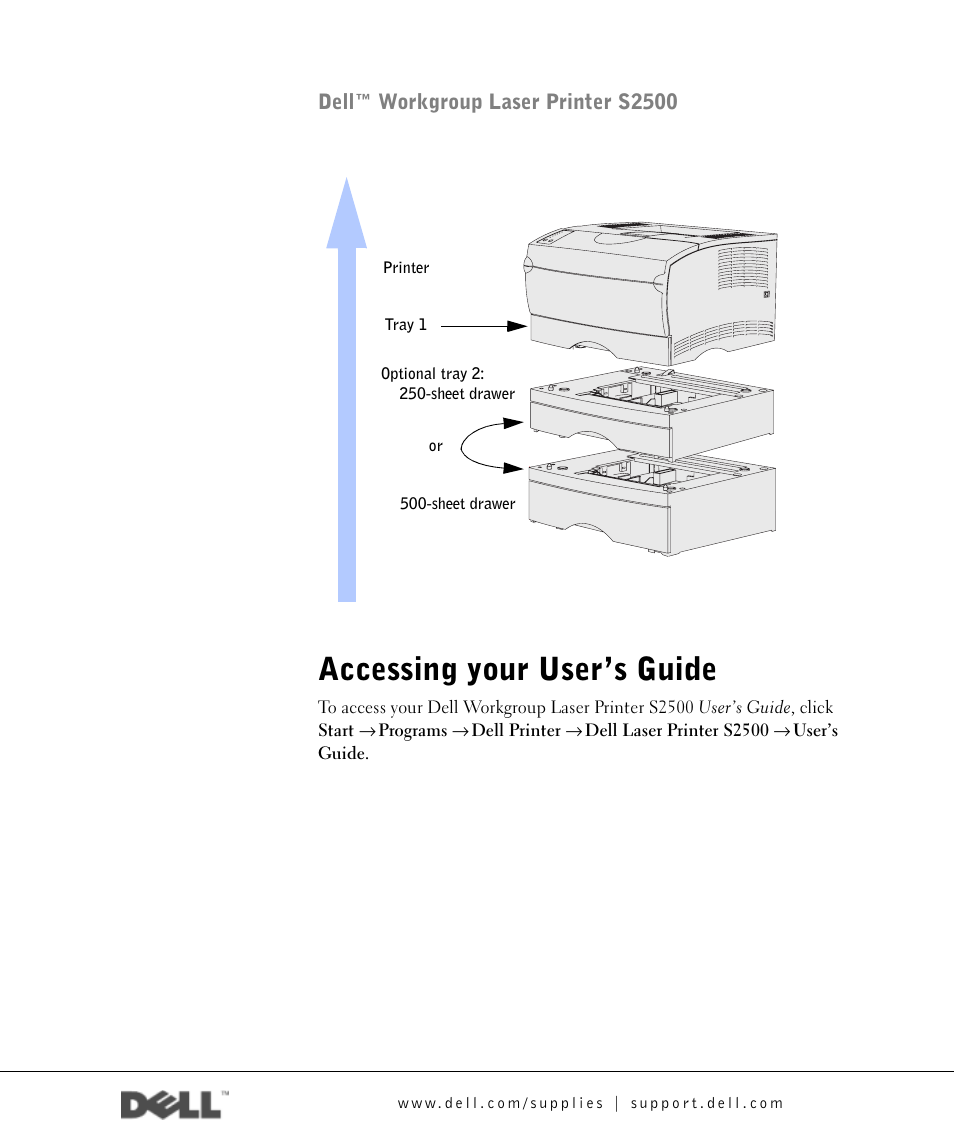 Accessing your user’s guide, Dell™ workgroup laser printer s2500 | Dell Workgroup Laser Printer S2500/S2500n User Manual | Page 3 / 124