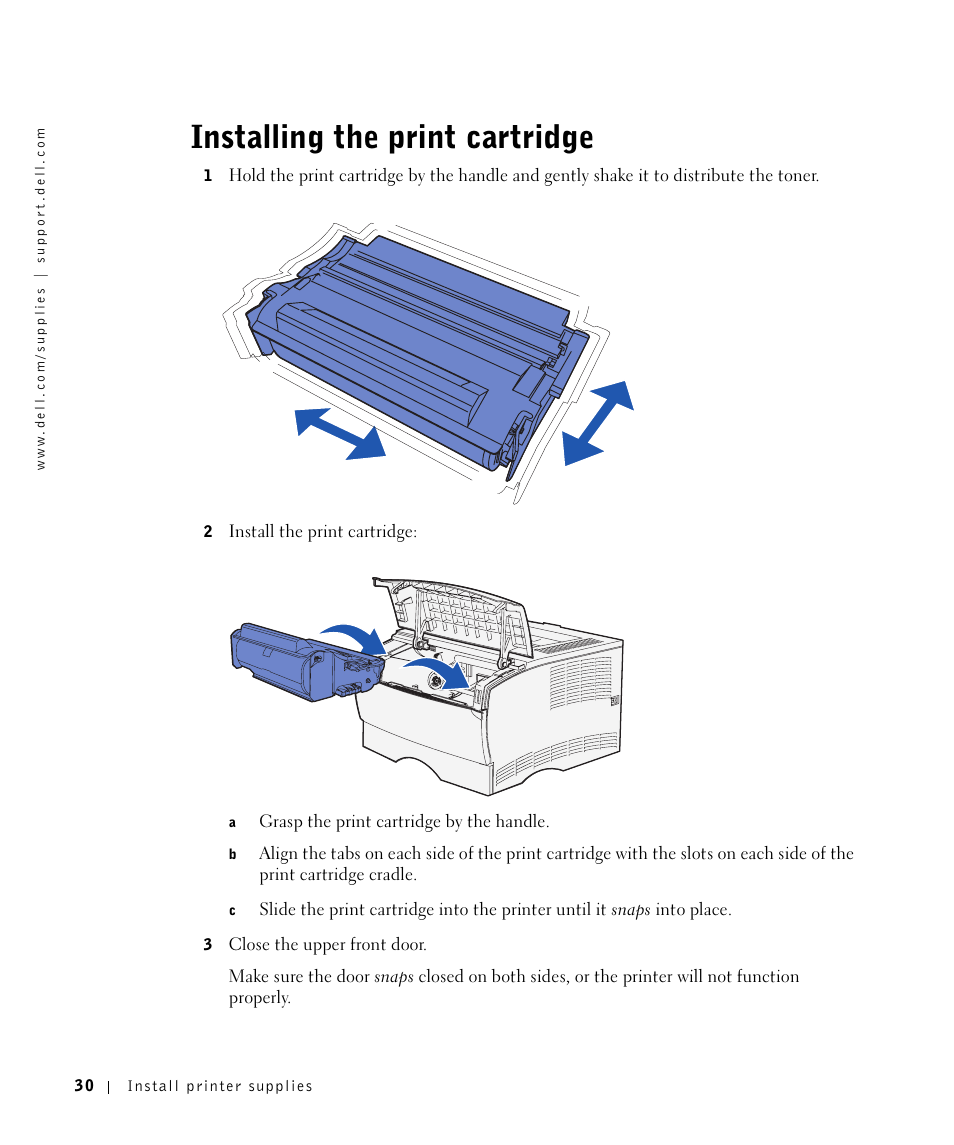 Installing the printcartridge, Installing the print cartridge | Dell Workgroup Laser Printer S2500/S2500n User Manual | Page 30 / 124