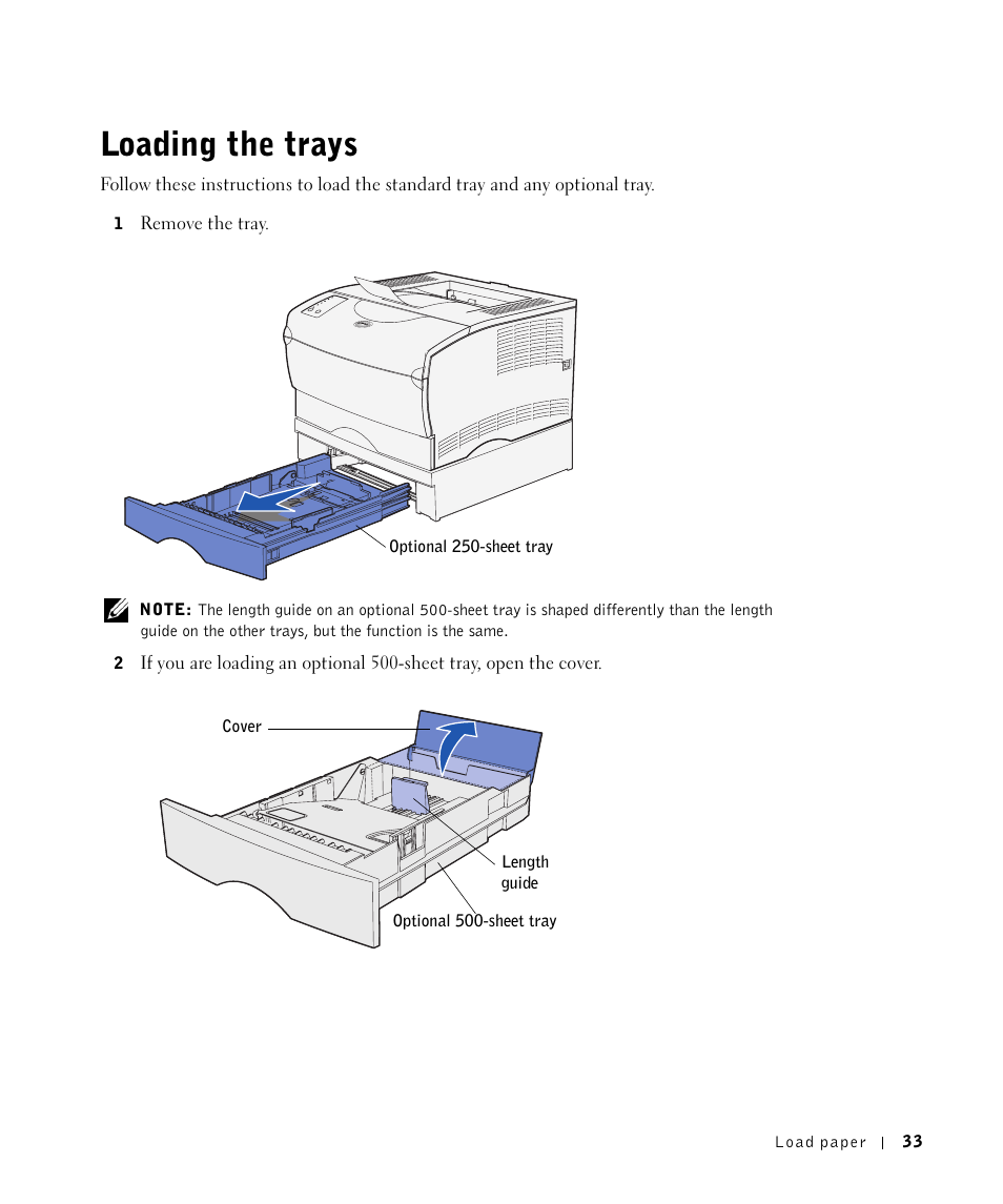 Loading the trays | Dell Workgroup Laser Printer S2500/S2500n User Manual | Page 33 / 124