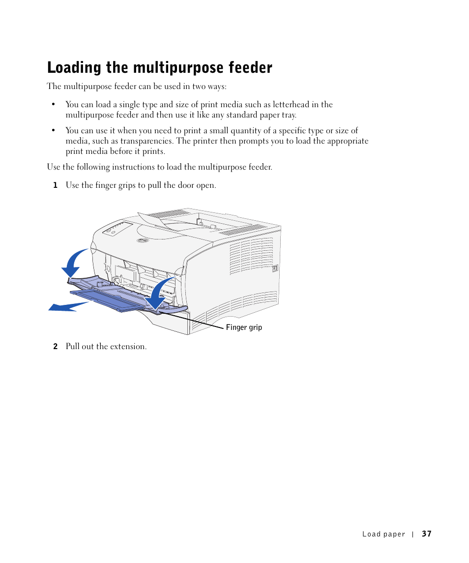 Loading the multipurpose feeder | Dell Workgroup Laser Printer S2500/S2500n User Manual | Page 37 / 124