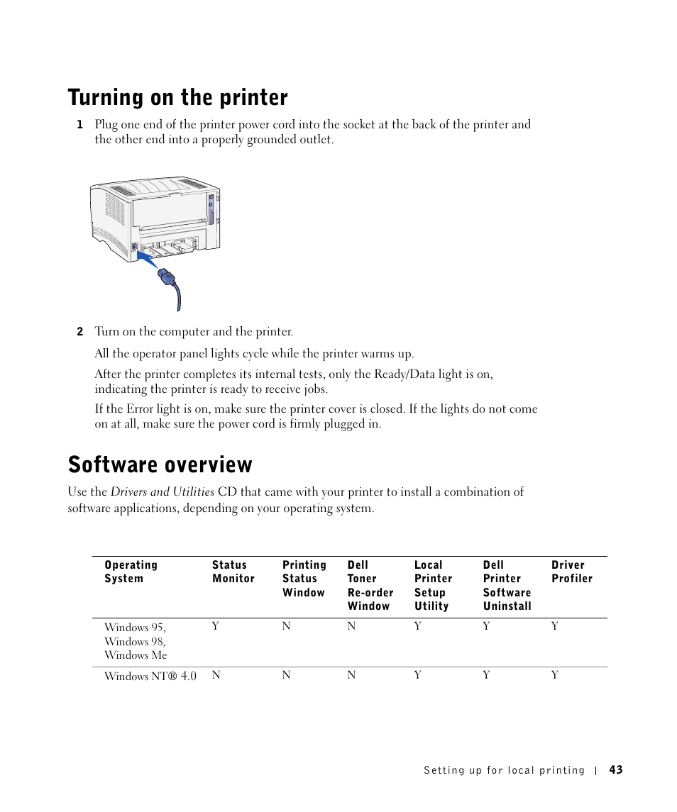 Turning on theprinter, Software overview, Turning on the printer | Dell Workgroup Laser Printer S2500/S2500n User Manual | Page 43 / 124