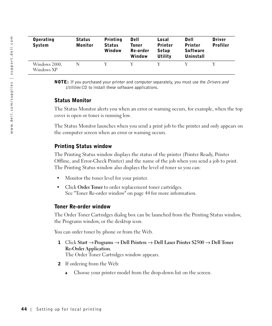 Status monitor, Printing status window, Toner re-order window | Dell Workgroup Laser Printer S2500/S2500n User Manual | Page 44 / 124