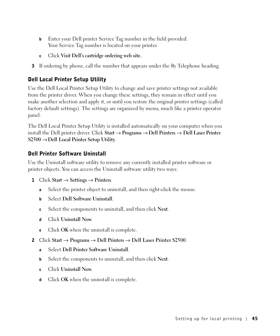 Dell local printer setup utility, Dell printer software uninstall | Dell Workgroup Laser Printer S2500/S2500n User Manual | Page 45 / 124