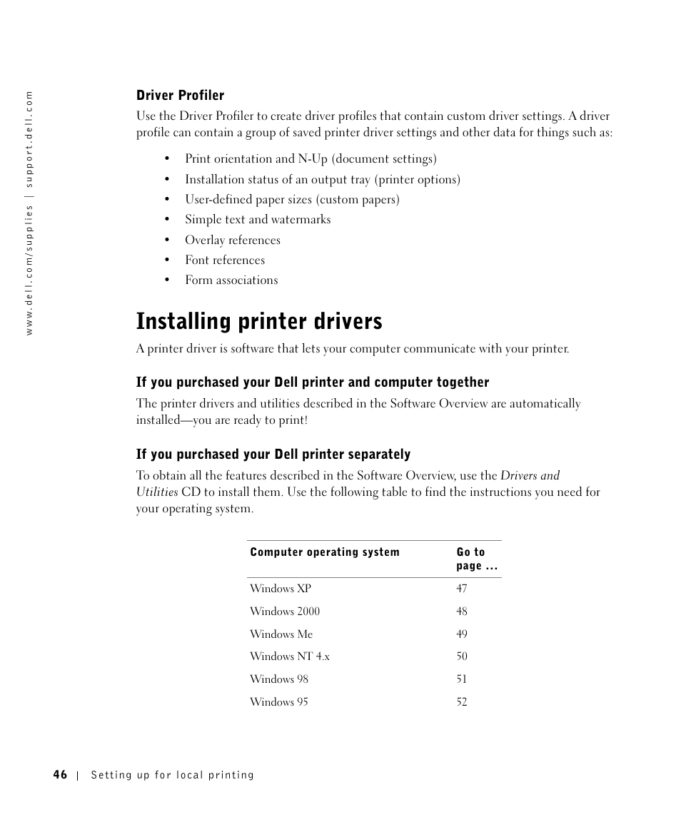 Driver profiler, Installing printer drivers, If you purchased your dell printer separately | Dell Workgroup Laser Printer S2500/S2500n User Manual | Page 46 / 124