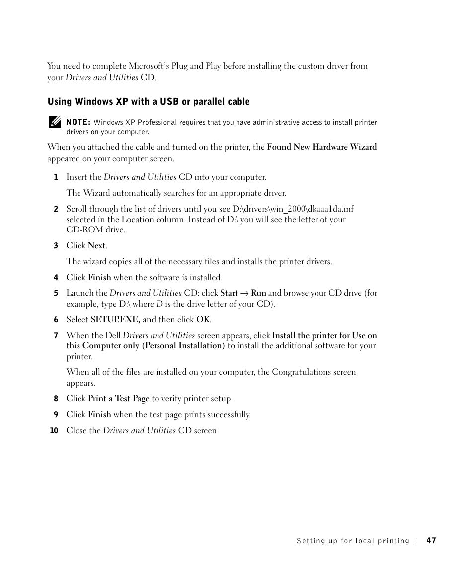 Using windowsxp witha usbor parallelcable, Using windows xp with a usb or parallel cable | Dell Workgroup Laser Printer S2500/S2500n User Manual | Page 47 / 124