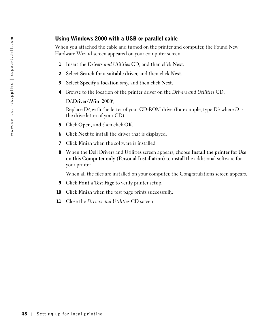 Using windows2000 with a usb or parallel cable, Using windows 2000 with a usb or parallel cable | Dell Workgroup Laser Printer S2500/S2500n User Manual | Page 48 / 124