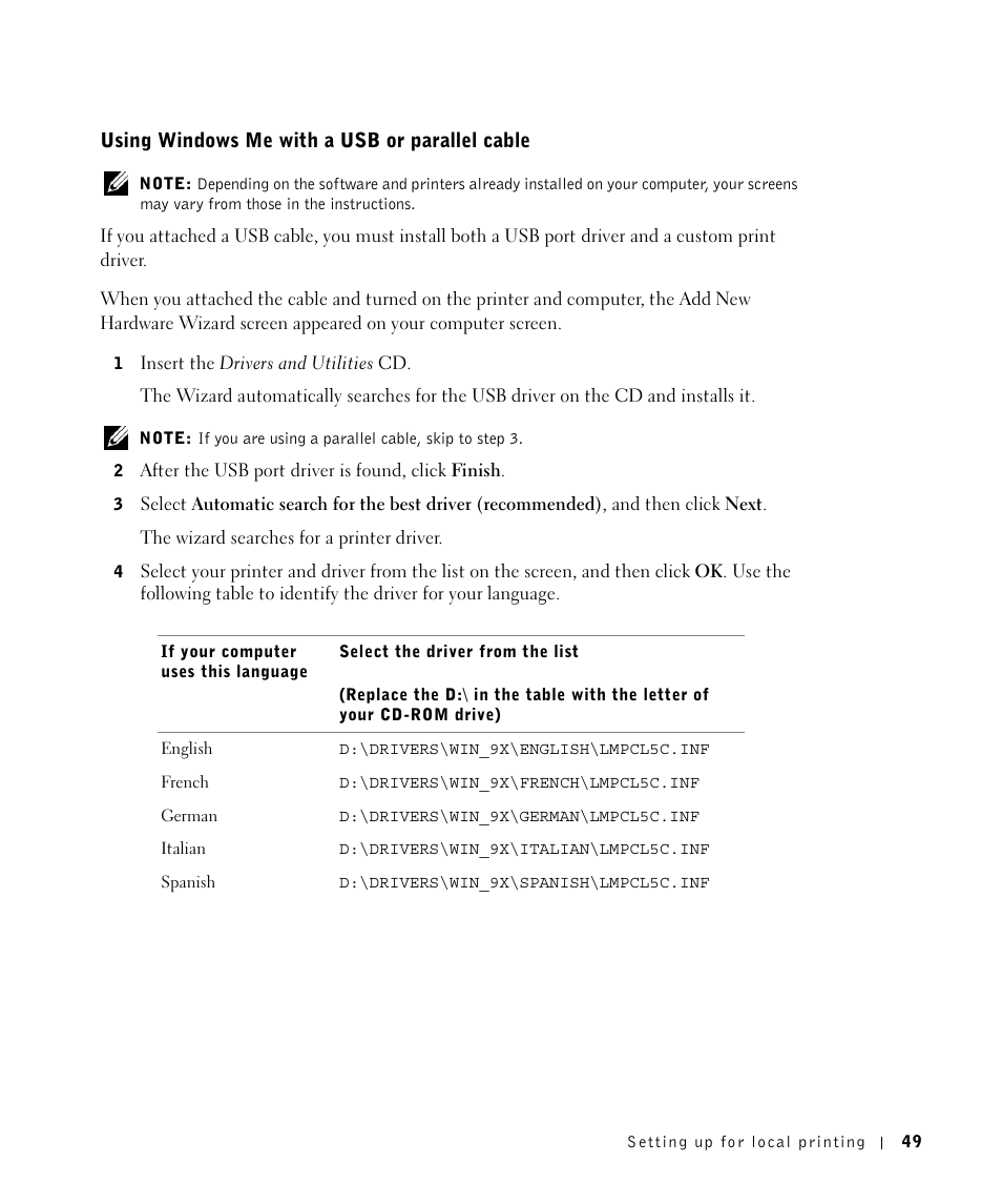 Using windowsme with ausbor parallelcable, Using windows me with a usb or parallel cable | Dell Workgroup Laser Printer S2500/S2500n User Manual | Page 49 / 124