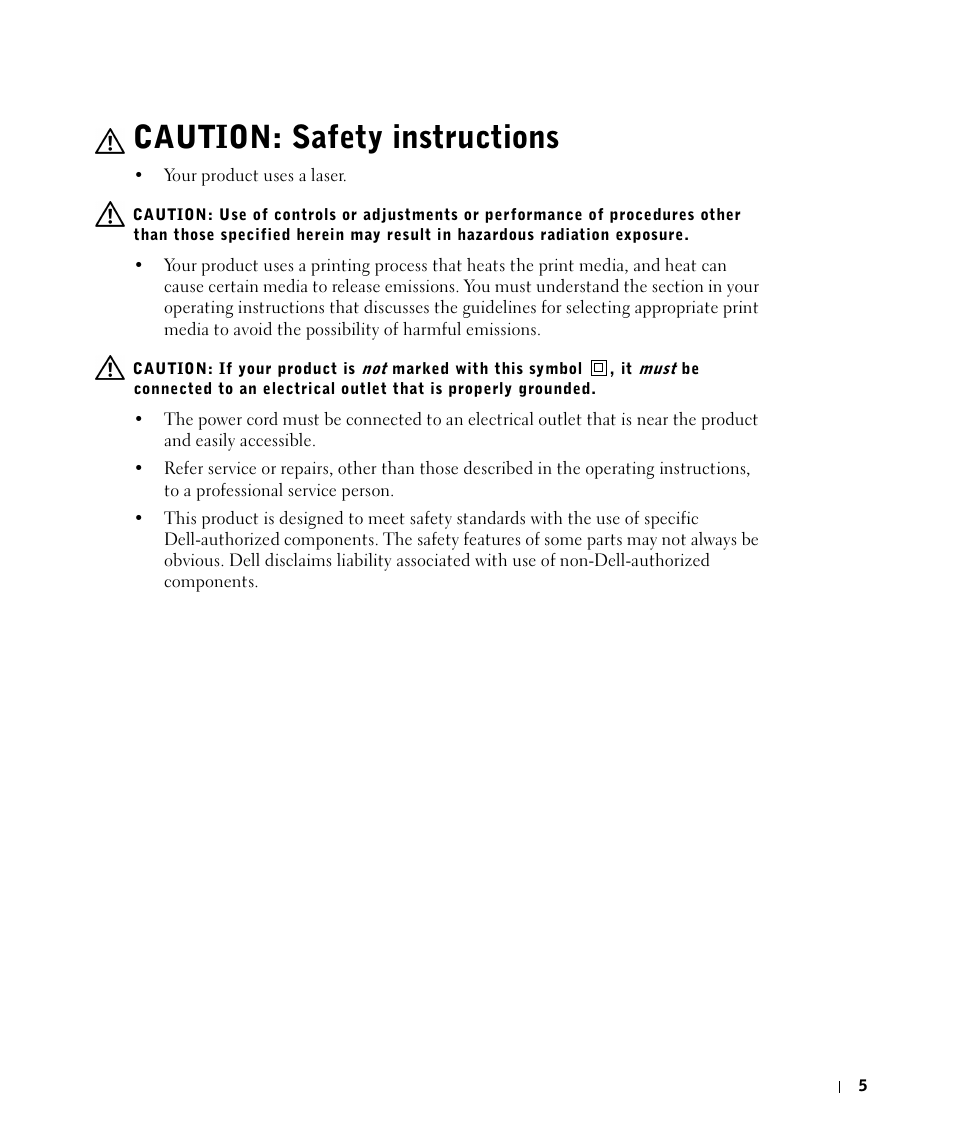 Caution: safety instructions | Dell Workgroup Laser Printer S2500/S2500n User Manual | Page 5 / 124