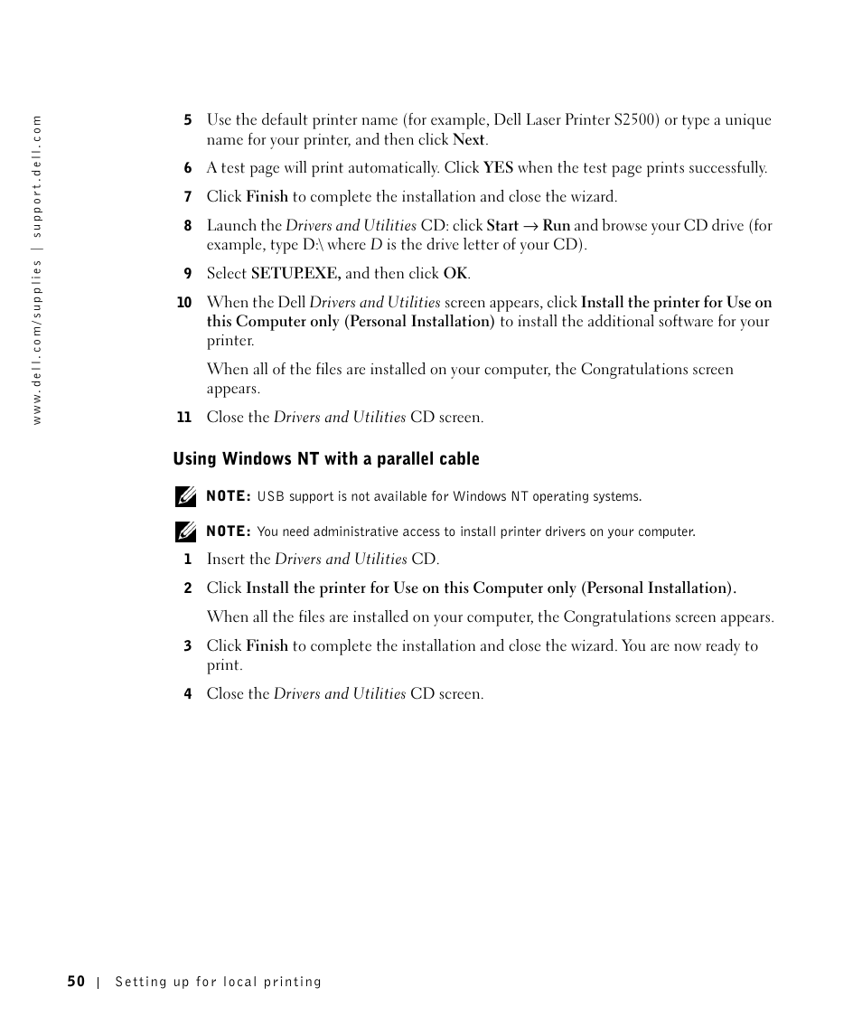 Using windowsnt withaparallelcable, Using windows nt with a parallel cable | Dell Workgroup Laser Printer S2500/S2500n User Manual | Page 50 / 124