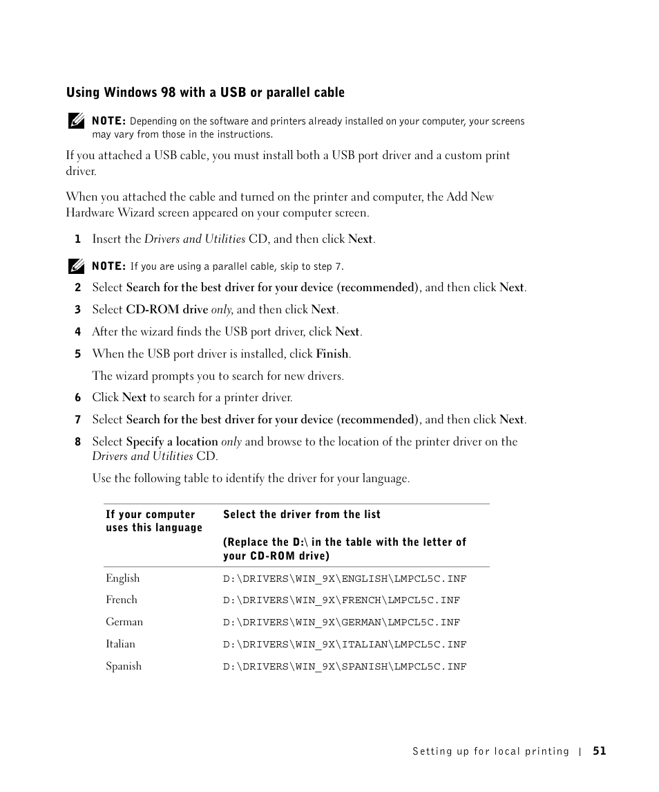 Using windows98 withausbor parallelcable, Using windows 98 with a usb or parallel cable | Dell Workgroup Laser Printer S2500/S2500n User Manual | Page 51 / 124